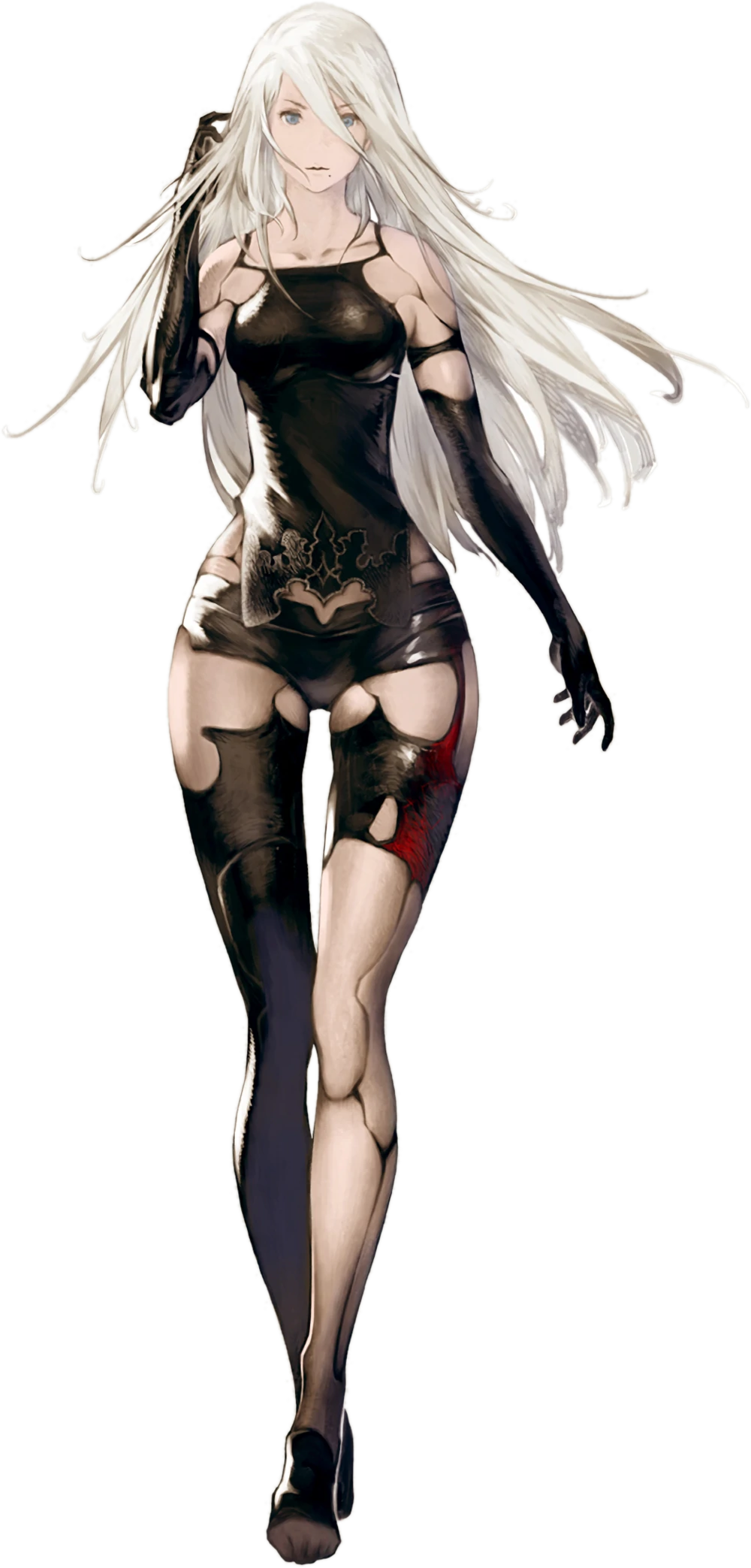 Illustration of A2 as of Automata. She has been heavily damaged by battle, so cracks are showing through her skin, and there are places where it does not cover the underlying black material at all. For clothing, she just has a black scrap of YoRHa uniform. Her arms resemble long gloves. She has loose white hair down to her waist.