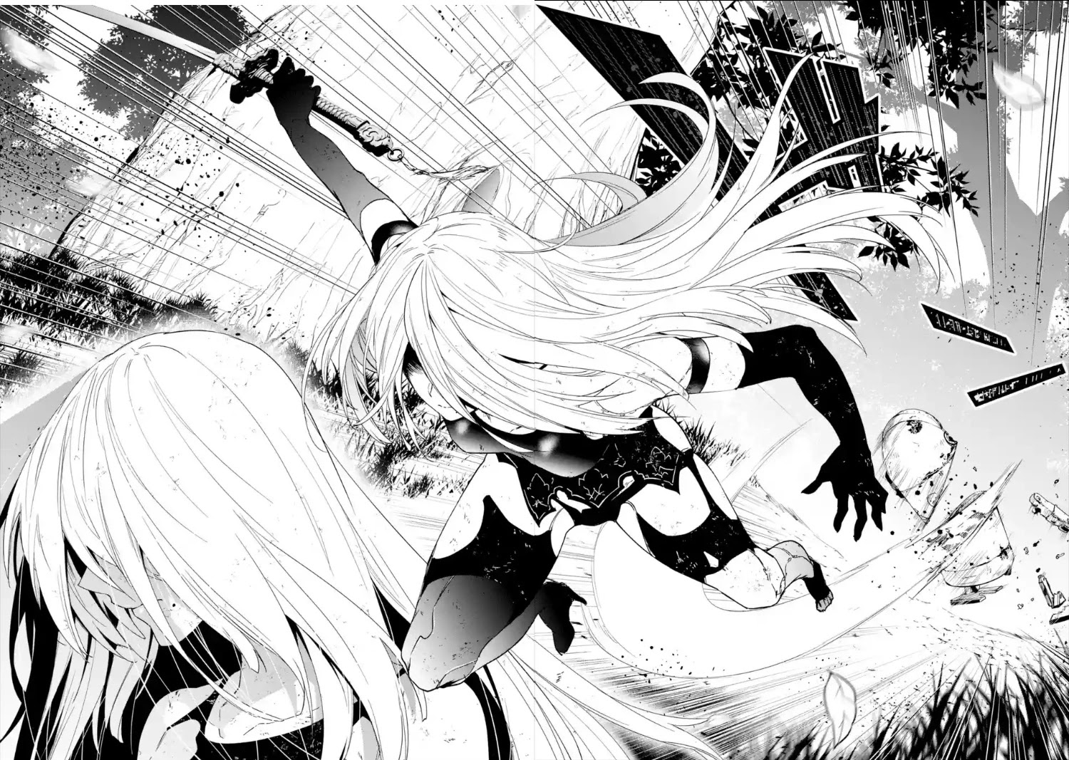 Large splash panel from the YoRHa manga, depicting A2 cutting through a machine.