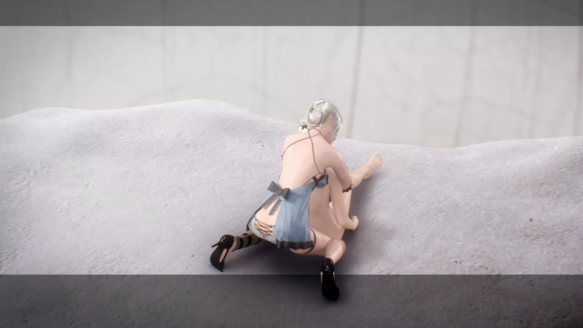 Kainé holds on to a naked young Nier on the flower's stamen.