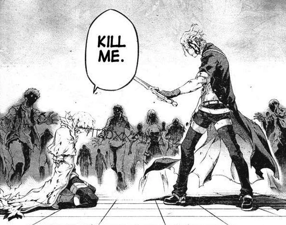 A panel from Shi Ni Itaru Aka. One's brother kneels before Nero, while Red-Eyes approach in the background. A speech bubble says 'kill me'.