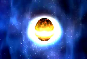 Still from a NASA render of two neutron stars merging. Two black blobs are surrounded by a white halo. Around where they meet is a white glow trailing away into yellow and orange cracks.