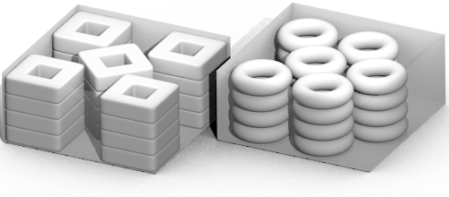 A render of donuts packed into a box. The box happens to be sized such that an extra toroidal donut can be added to each layer.