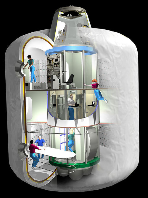 A CGI render of the NASA 'TransHab' inflatable compartment, with small CGI people floating around inside and using exercise machines.
