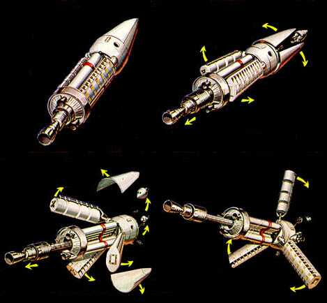 An illustration from Atomic Rockets of a spaceship with gimballed arms, which swing out while the spaceship is in flight to allow it to provide spin gravity by rotating the entire ship.
