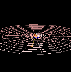 An animation showing the orbits of the planets, greatly sped up, over a radial grid.