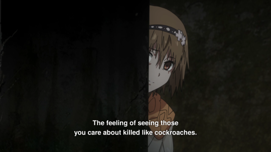Fueguchi Hinami, a small girl, pokes her face out from behind a pillar. Kirishima continues 'The feeling of seeing those you care about killed like cockroaches.'