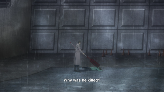 Amon stands above Kaneki, weapon pointed right at him. 'Why was he killed?'