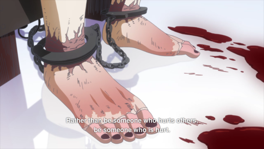 Kaneki's torn up, injured feet. The subtitle says 'Rather than be someone who hurts others, be someone who is hurt.'