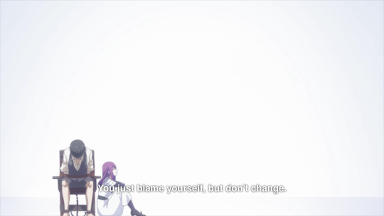 Rize, a girl with long purple hair, sits against Kaneki's torture chair. 'You just blame yourself, but don't change.'