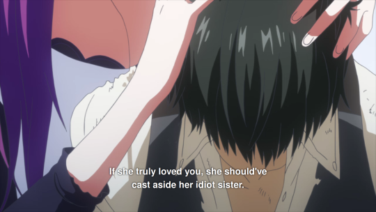 Rize is touching Kaneki's hair. 'If she truly loved you, she should've cast aside her idiot sister.'