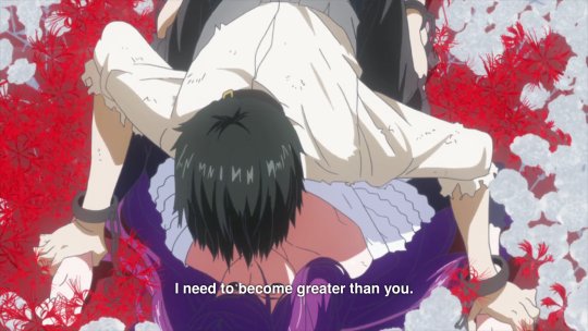 Kaneki straddling Rize, broken free of his restraints. He's saying 'I need to become greater than you.'