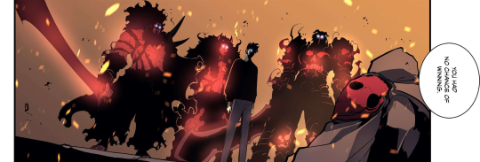 Single panel from Solo leveling. Sung Jinwoo stands with a group of bulky monsters. They are silhouetted, but their eyes and various glowy parts are bright against the silhouette. Text: 'You had no chance of winning.'