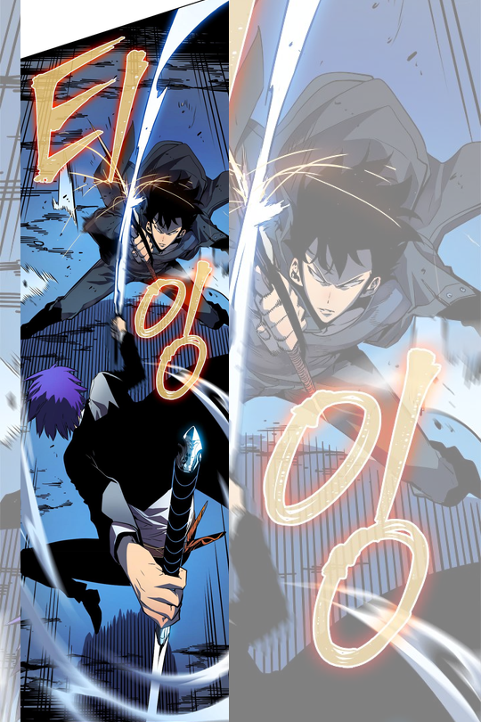 A dynamic action panel. Sung Jinwoo fends off an attack by an assassin wielding two swords.