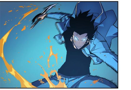 A dynamic action panel. Sung Jinwoo strikes with his knife, creating a long stream of blood.