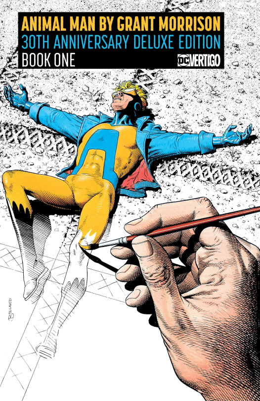 Cover of Animal Man. Buddy lies in tire tracks as if run over, arms spread wide. The picture is unfinished, and a large hand in the foreground is painting in the colour.