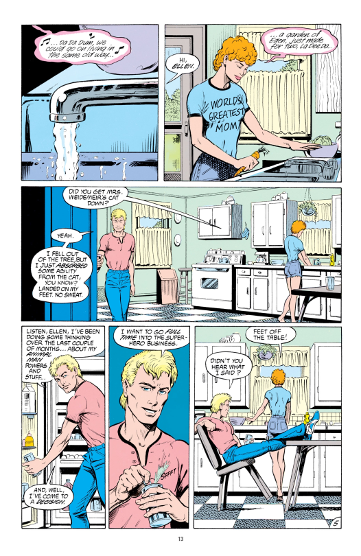 Page from Animal Man. Buddy chats with his wife in a spacious and very American kitchen.