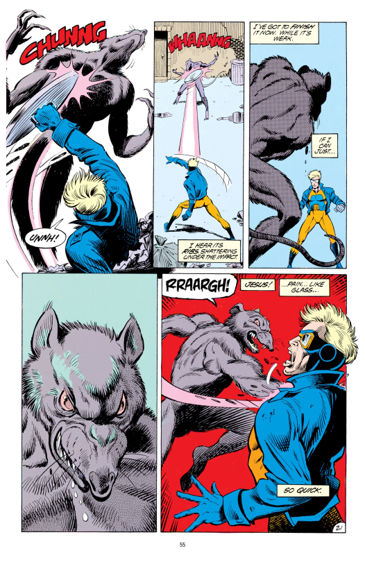 Page from Animal Man. Buddy fights a rat monster.