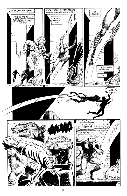 A page from Animal Man, that has been thresholded, leaving just the linework.