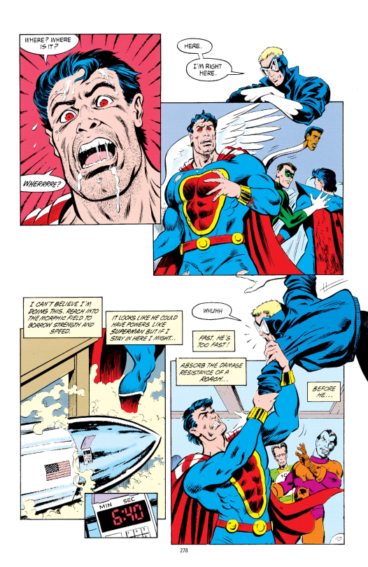 Page from Animal Man. Buddy taunts an evil Superman clone from beyond the panel, only to be grabbed and pulled inside.