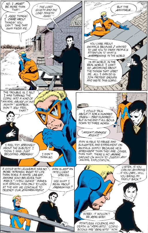 Grant Morrison explains their feelings about animal rights to Buddy.