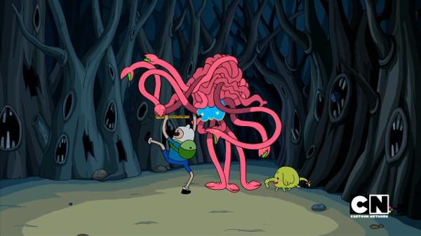 Finn fights a mass of pink snakes with a blue brain at the centre while Tree Trunks, wearing lipstick, approaches from the side.