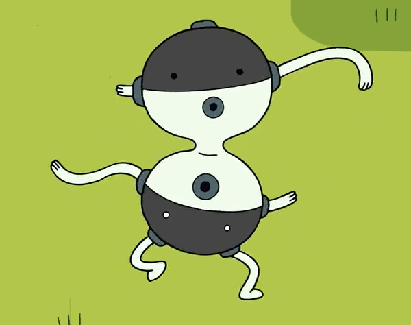 The Jiggler, two spheres connected by a smaller sphere, with a tiny tube-like floating pair of arms shooting in and out of it in a small loop.