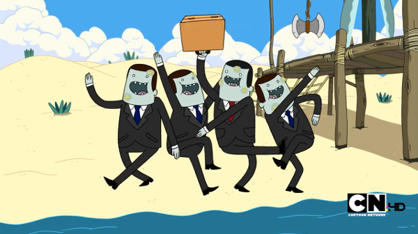Four 'businessmen' in suits, with greenish skin and various warts on their faces. They are dancing wildly.
