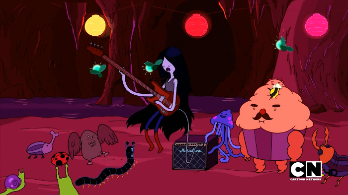 Marceline plays a bass guitar that's literally a red battleaxe, surrounded by various characters.