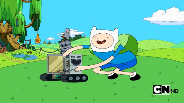 Finn hugs NEPTR, a robot mostly consisting of a microwave with a can and treads attached.