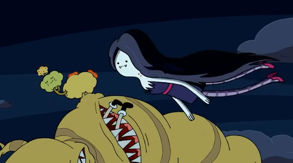 Marceline floats above a plant monster with Finn's legs poking out of its mouth.
