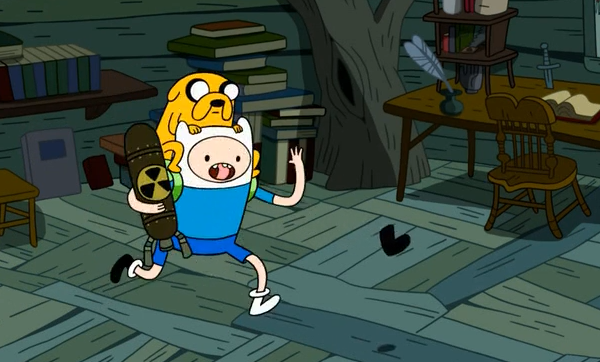 Finn chases an invisible troll who stoll his boot. Which is to say, Finn chases his floating boot.