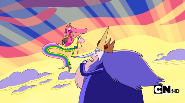 Princess Bubblegum, riding on Lady Rainicorn, confront the Ice King in front of a colourful sunset.