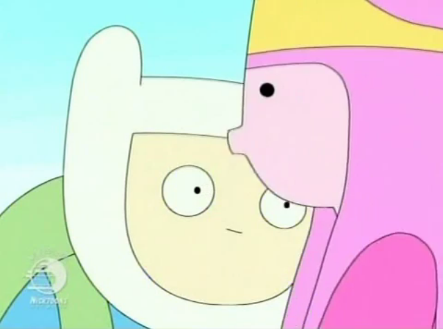 Princess Bubblegum kisses a shocked-looking Pen on the forehead. She is pink, and wears a pink dress, as well as a simple circlet with a gem on a short stem.