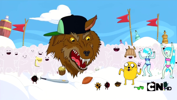 A party in the Cloud Kingdom. Various cloud people are dancing, and a giant wolf head in a snapback is hovering next to Jake, as well as two blue women with water for hair. Scattered on the ground is some baseball equipment, green sunglasses, and a handful of dancing bugs.