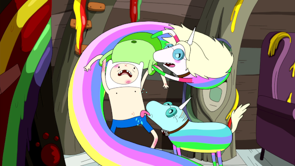 Lady Rainicorn's parents attempting to eat a shirtless Finn. Lady Rainicorn's mother, a long snakelike rainbow unicorn, is winding around Finn and removing his backpack, while Lady Rainicorn's father, a short dog-like rainbow unicorn with a combover, is licking Finn's belly. Finn is immensely distressed as you'd expect.