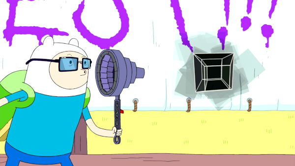 Finn using a large bubble blower, shaped like a jet engine, to blow a 3D projection of a rotating tesseract.