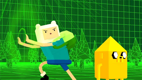 An extremely low-poly 3D render of Finn and Jake in a green area covered in grids.