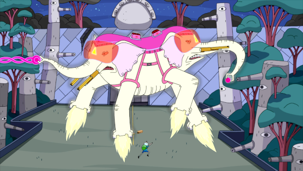 The ancient psychic tandem war elephant, which is two elephant front halves stuck together wearing pink glasses, shooting out pink lasers, and hovering. Finn runs across the ground below, tiny.
