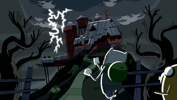 Finn and Jake run towards a dilapidated house as lightning strikes overhead.