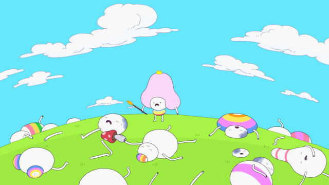 The Cute King stands over a group of bruised and dying cuties. The cuties have rounded, often ellipsoidal shapes, mostly white but with coloured stripes, and tiny faces. The Cute King has a large pink blob on his head, with his arms coming out of the bottom.