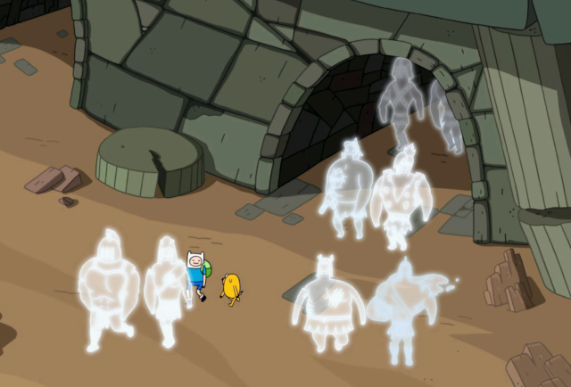 Finn and Jake leave the arena, accompanied by now-happy Gladiator Ghosts walking away in pairs.