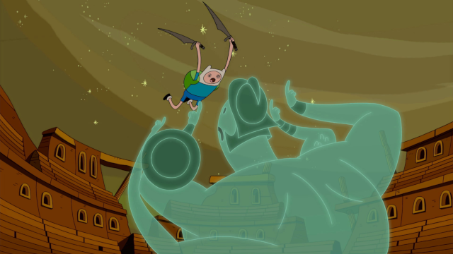 Finn leaps towards a gladiator ghost with two pointy swords, large bruises on his face. The ghost in the foreground is very large, with four arms. In the background is the ruins of an arena like the colosseum.