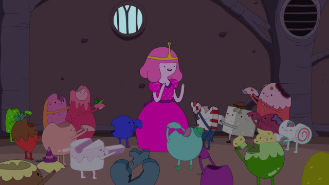 Princess Bubblegum stands in a jail cell, surrounded by candy people, each of whom has torn out a chunk of themselves to give to her.
