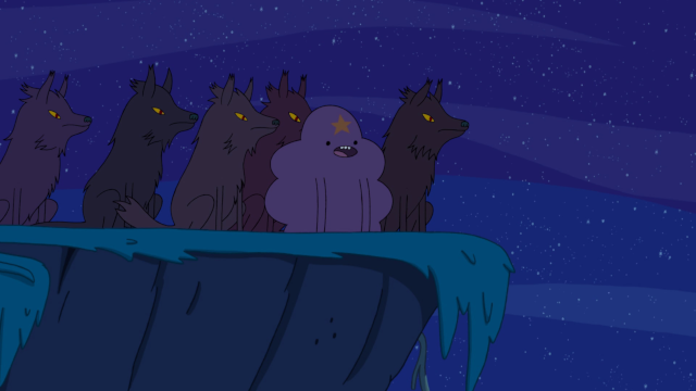 Lumpy Space Princess floats amid a small pack of wolves on top of a cliff at night, just before they howl.