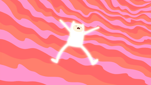 Finn, all bright white except for his face, floats in a wavy pink void.