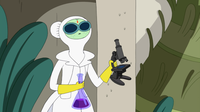 Doctor Princess, a green-skinned woman, in a lab coat, trying to disguise herself as a wizard by wearing a white hood. She holds a microscope in one hand and a conical flask in the other.