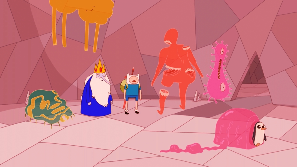 Finn and the Ice King surrounded by various mushi, with Gunter walking through one in the foreground.