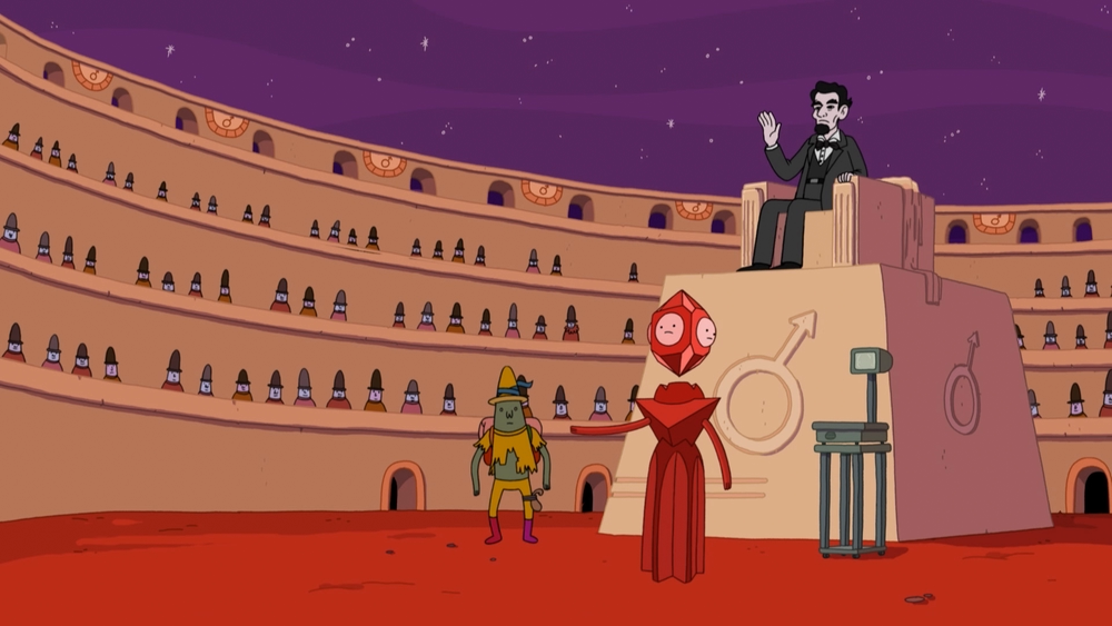 The court of Mars, with a bunch of frowning Martians in conical hats looking on as a giant Abraham Lincoln sits on a throne above Grob God Glob Grod and Jake transformed into Magic Man.