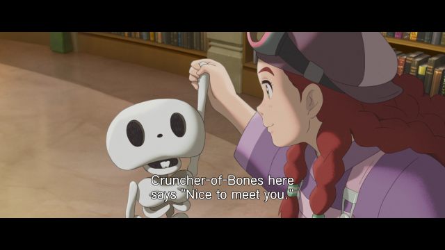 Still from The Imaginary. A skeleton is being introduced. Subtitle: 'Cruncher-of-Bones here says 'Nice to meet you!''