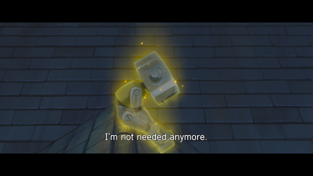 Still from The Imaginary. A small robot sits on a roof saying 'I'm not needed anymore'.